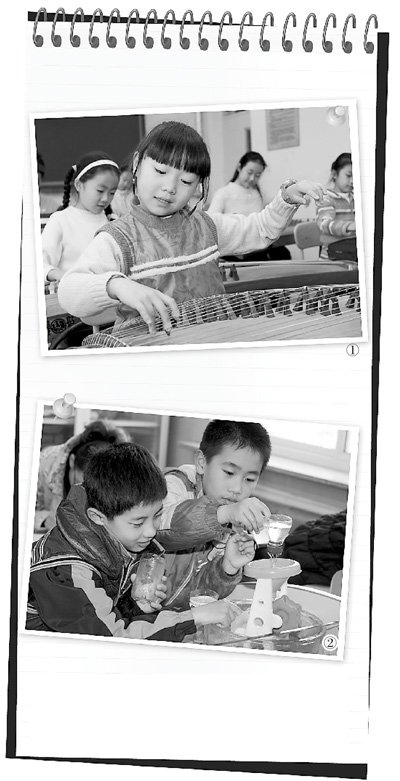 　圖1：鐵路五小古箏社團的孩子們正在演奏《高山流水》，圖2：科學課上，孩子們正在探索水的秘密。