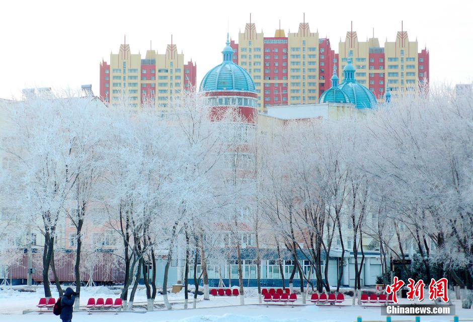 12月10日,受降溫天氣影響,黑河市黑龍江江畔出現(xiàn)綿延數(shù)公里的霧凇景觀。