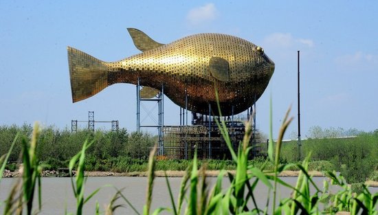 昨天，揚(yáng)中市西沙島，正在施工的河豚塔金光閃閃