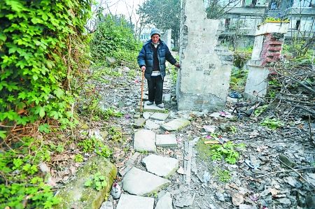 昨日，大渡口區(qū)，徐建高老人走在他鋪成的石子路上。 記者 張路橋 攝