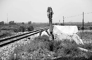 6月30日， 農(nóng)戶用搭建的窩棚和電線桿阻擋了鐵路的施工。新華社發(fā)