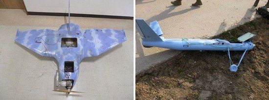 左圖為3月24日在韓國(guó)首爾北部墜毀的無(wú)人機(jī)，右圖為3月31日在韓國(guó)西部海域白翎島墜毀的無(wú)人機(jī)