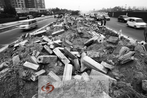 中州大道部分路段，綠化帶成了垃圾場。