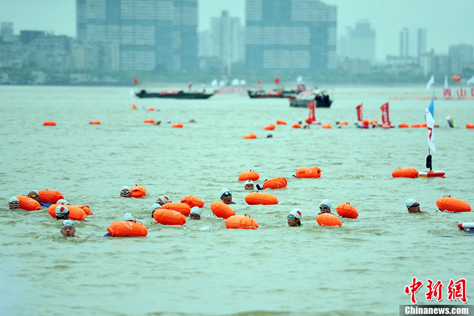 圖為江面上的橫渡方隊里的選手們劈波斬浪。中新社發(fā) 張暢 攝