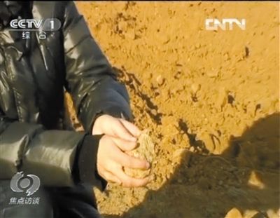 麻剛沙系麻剛石粉碎而成。記者找到一塊麻剛石，一捏就碎成粉末，硬度非常差。央視截圖