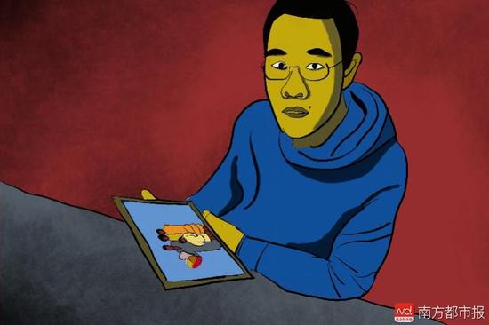 王煥凱看著一家人幸福的合照，黯然神傷，悔不當(dāng)初。（畫作者：吳斌）