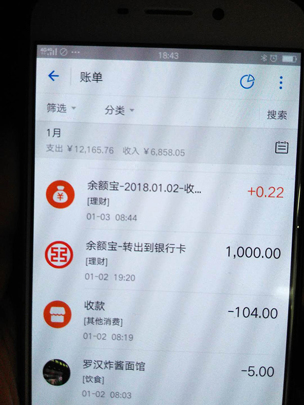 羅正宇2018年1月的支付寶賬單。