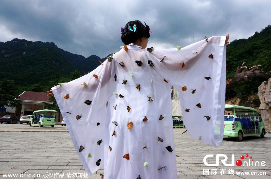 “蝴蝶仙子”身穿上百只剛剛扎死的蝴蝶。圖片來源：老祝/東方IC