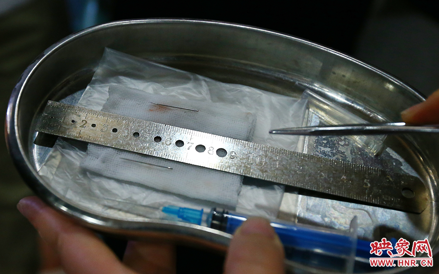 大龍顱內(nèi)取出的鋼針（上）和小龍顱內(nèi)的一樣（下），均為2.5厘米