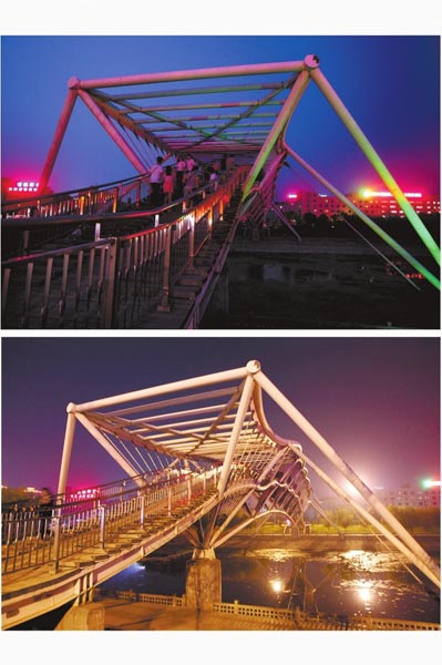 花園路西側(cè)東風(fēng)渠景觀橋，上圖攝于7月31日晚間，下圖攝于10月9日晚間。