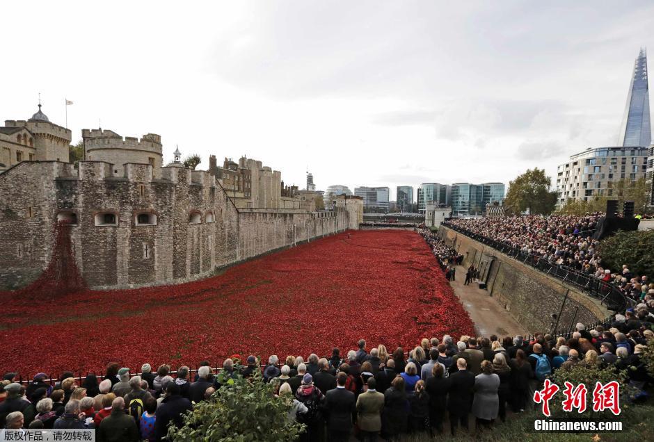 當(dāng)?shù)貢r間2014年11月10日，英國倫敦，倫敦塔周邊“種植”了888246朵陶瓷材質(zhì)的罌粟花，以此紀
