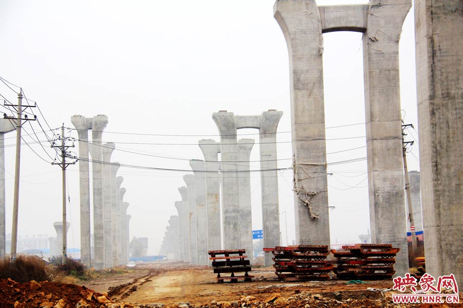 南北方向已架起數百根橋墩，一眼望不到邊際。