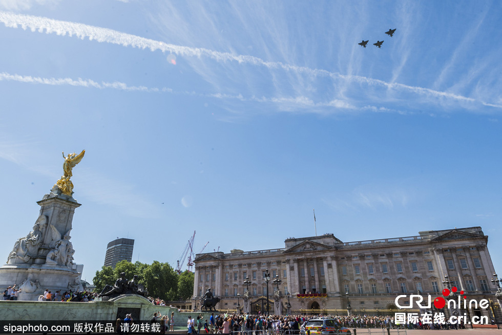 數(shù)架颶風(fēng)噴火戰(zhàn)斗機(jī)和臺(tái)風(fēng)戰(zhàn)斗機(jī)編隊(duì)飛躍白金漢宮上空，參加了紀(jì)念儀式。