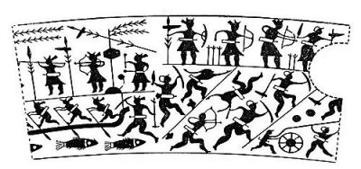 衛(wèi)輝市山彪鎮(zhèn)發(fā)掘出的戰(zhàn)國水陸攻戰(zhàn)紋銅鑒，上面有古人乘舟水戰(zhàn)的場面。