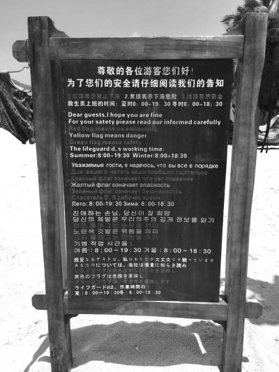 大東海海灘上用多國(guó)語(yǔ)言設(shè)立的安全告示。