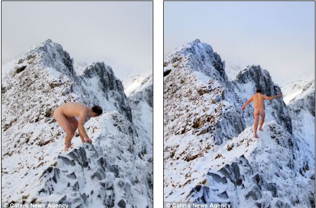 英國登雪山愛好者不畏嚴(yán)寒 近千米高雪山頂裸體行走